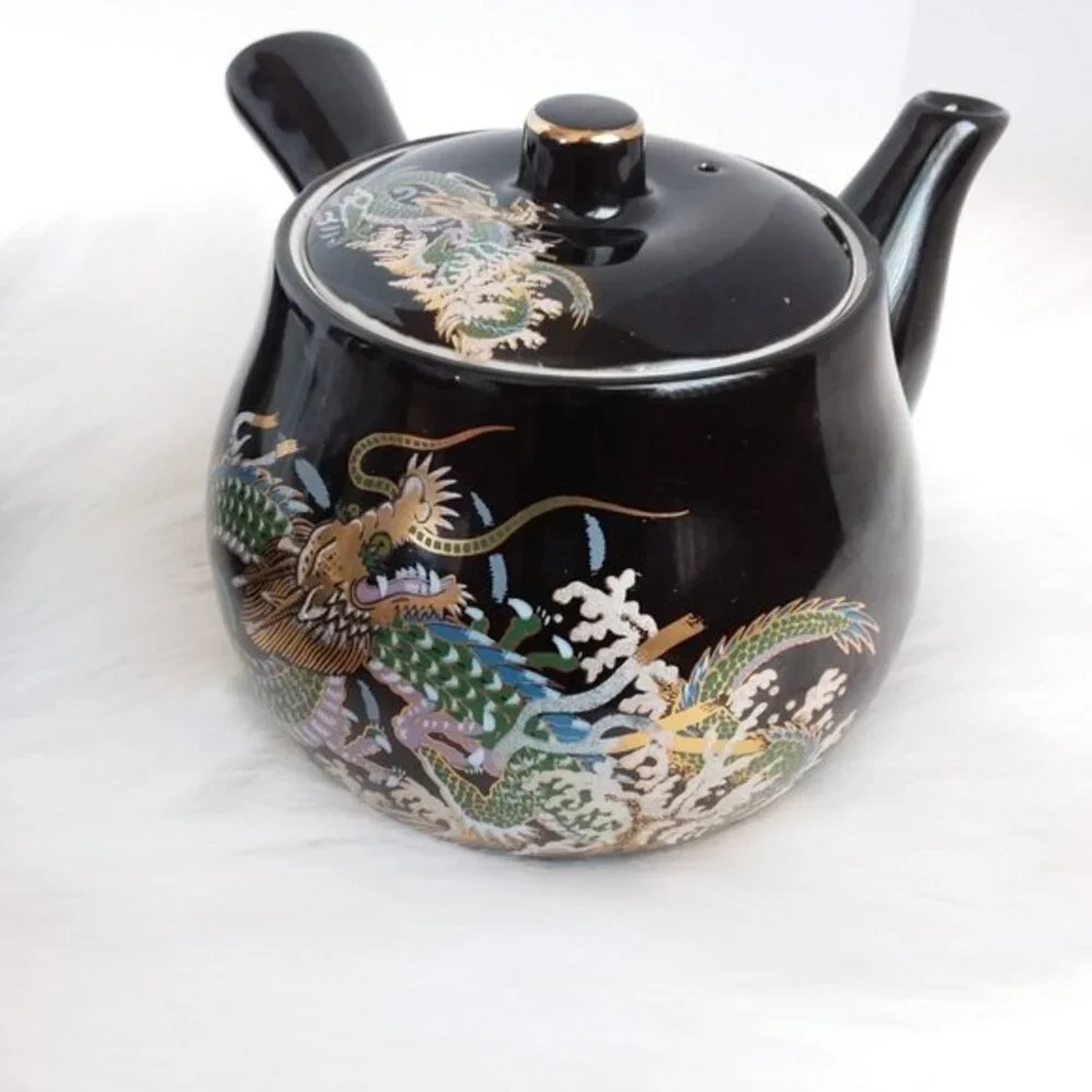 Side Handled 6 Piece Sake Tea Set Black Gold
